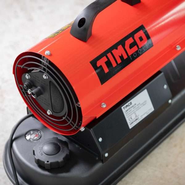 Timco 10kW lämpöpuhallin, kuvattu takaa päin