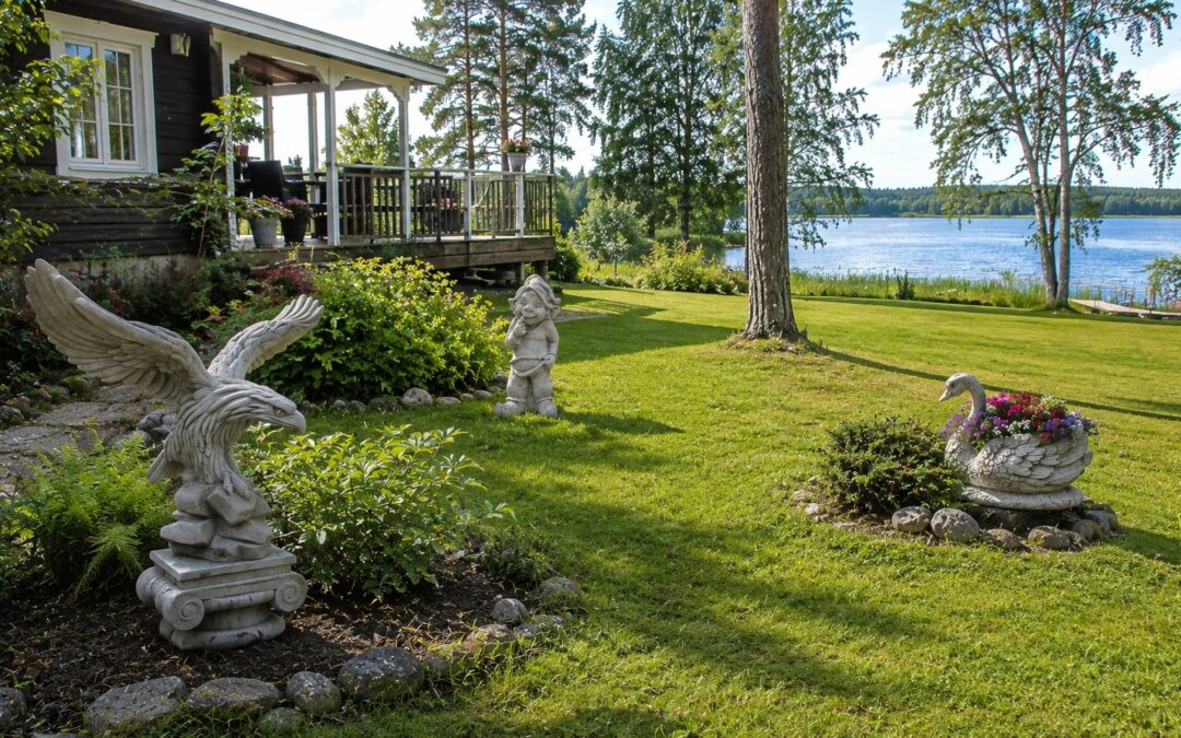 Betongstatyer placerade naturligt på en finländsk stuggård.